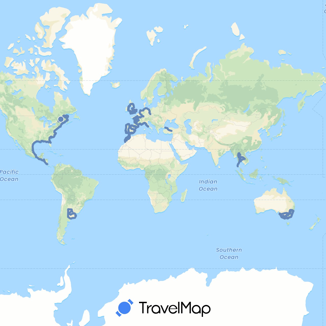 TravelMap itinerary: cycling in Argentina, Australia, Canada, Czech Republic, Spain, France, United Kingdom, Ireland, Italy, Morocco, Mexico, Portugal, Thailand, Turkey (Africa, Asia, Europe, North America, Oceania, South America)
